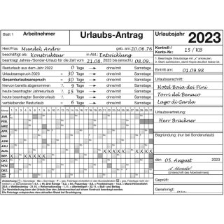 Urlaubsantrag 2023; 1 Block (LT) - 2-fach Formular