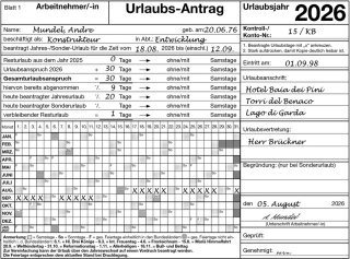 Urlaubsantrag 2026; 1 Block (LT) - 2-fach Formular