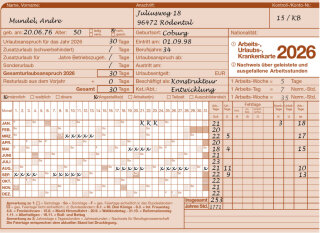Urlaubs-Fehlzeitkarte 2026 | VP=10 Blatt (LT)