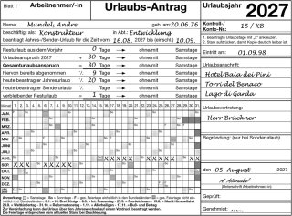 Urlaubsantrag 2027; 1 Block (LT) - 2-fach Formular